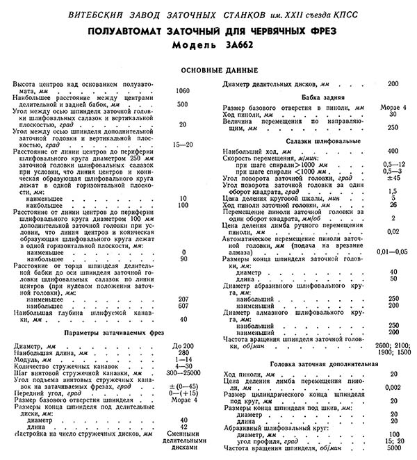 Технічні характеристики заточувального верстата 3а662 Технічні характеристики заточувального верстата 3а662